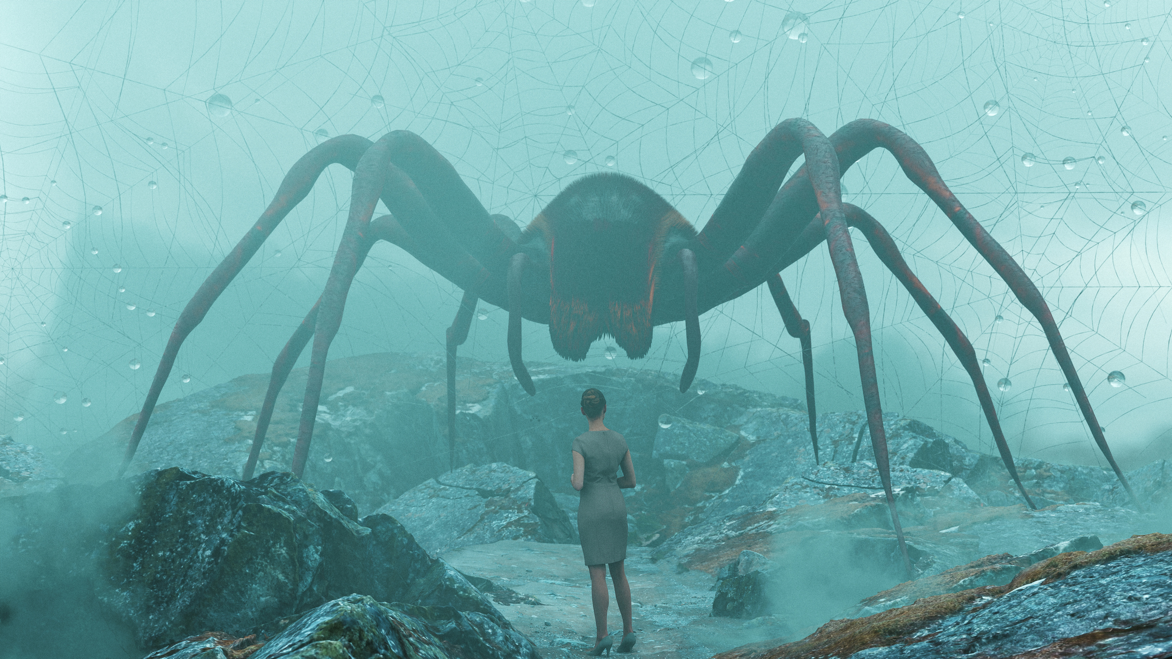 A huge spider towers over a woman suggesting the threat of attack